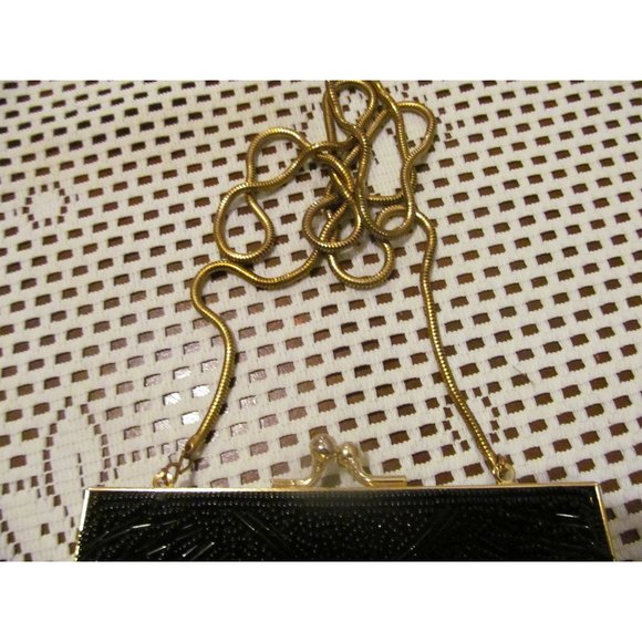 Retro Vintage Black Satin Beaded Clamshell Evening Clutch/Purse/Hand Bag - Picture 6 of 9
